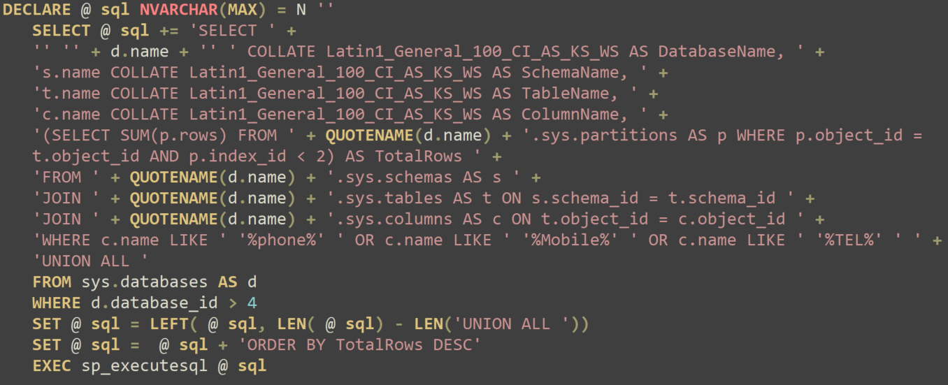 Screenshot of a computer screen displaying a complex SQL query code on a dark background with light text.