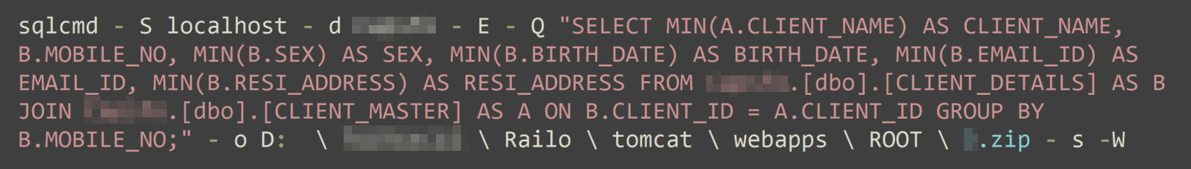 Screenshot displaying a line of SQL code on a dark background with syntax highlighting, showing commands and functions for querying client details from a database.