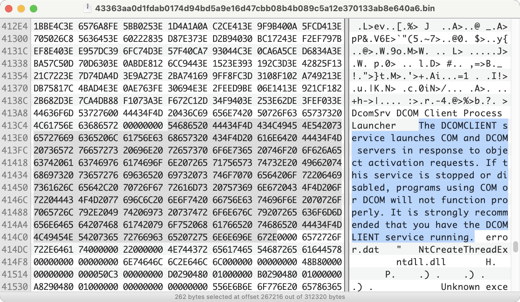 Screenshot of hex editor. The left pane has a section highlighted in grey while the pane on the right has a description highlighted in blue in the right pane. 