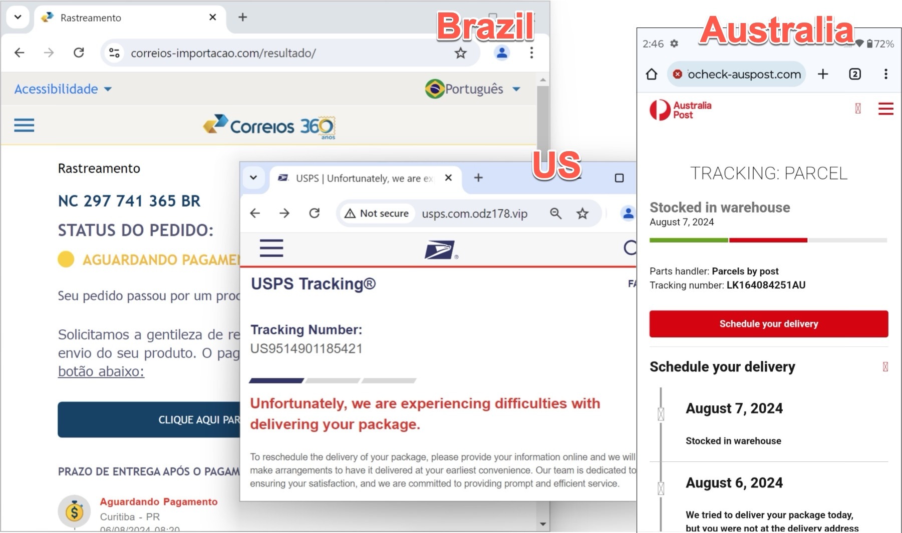 Multiple stacked screenshots of browser windows for Brazil, the United States and Australia, displaying tracking details and error messages across postal systems for each country.