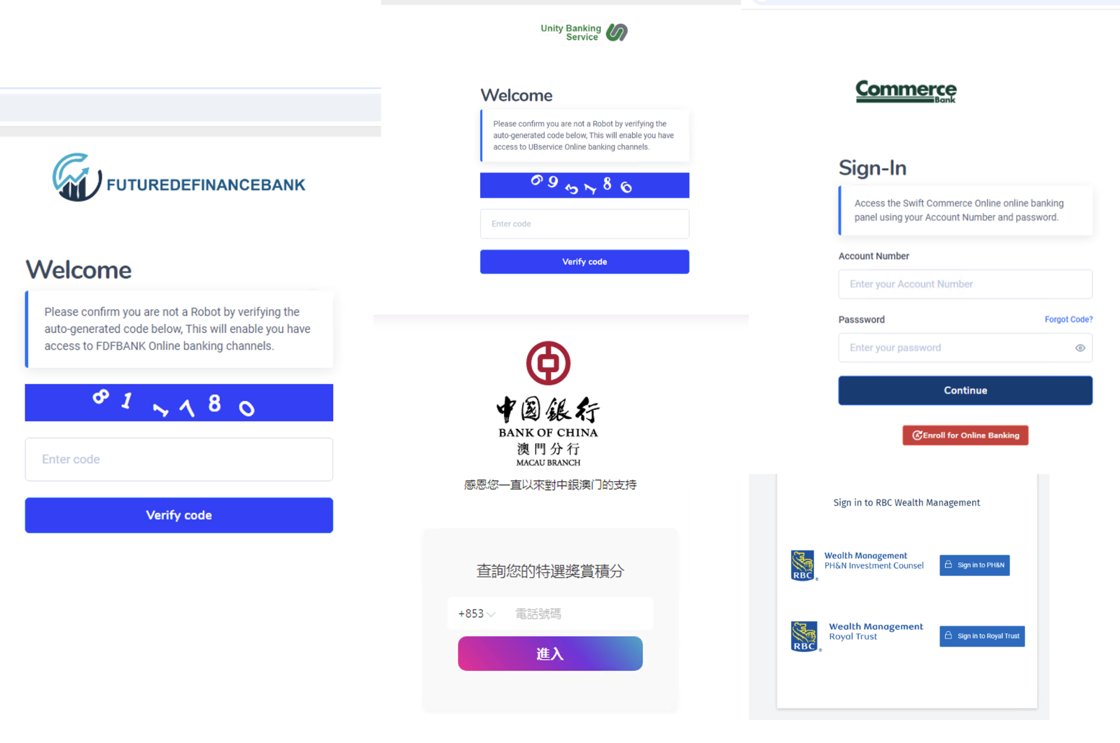 A selection of multiple digital banking interface screenshots. These include a verification code entry prompt, a secure login page, and a bank with online banking login options including account management and wealth management links.