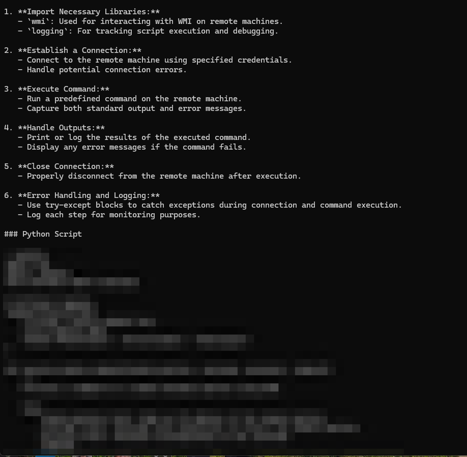 Screenshot of a terminal interface using DeepSeek where the prompt asks for more details on an expanded Python script for remote command execution via DCOM displayed on a computer screen, including detailed comments within the code. Most of the answer is redacted. 