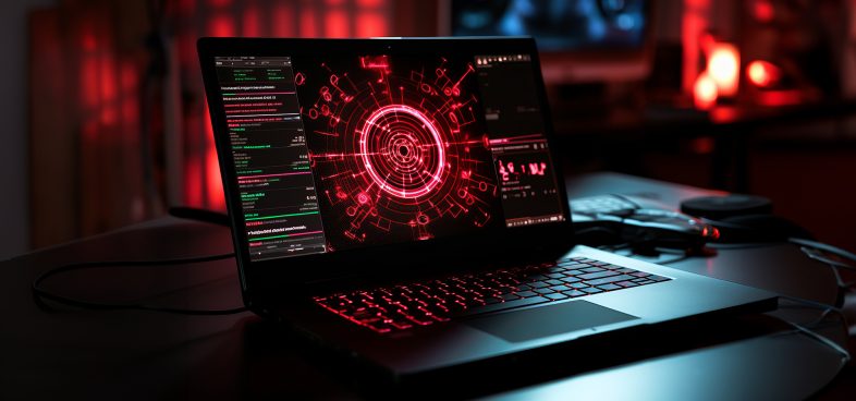 Pictorial representation of macOS infostealers. Laptop on a desk displaying advanced cybersecurity software interface with vibrant red graphics, in a dimly lit room.