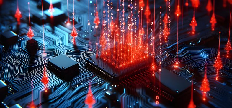 Pictorial representation of new Linux malware Auto-color. Close-up view of a circuit board with illuminated red data streams and microchips, symbolizing advanced digital technology.