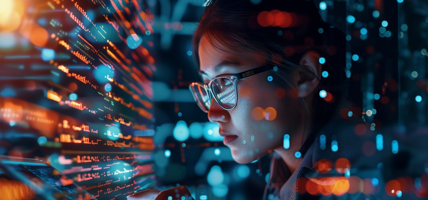 An Asian woman examining data on multiple computer screens in a high-tech digital environment, surrounded by visual representations of data and code. Lens flare is prominent across the image.