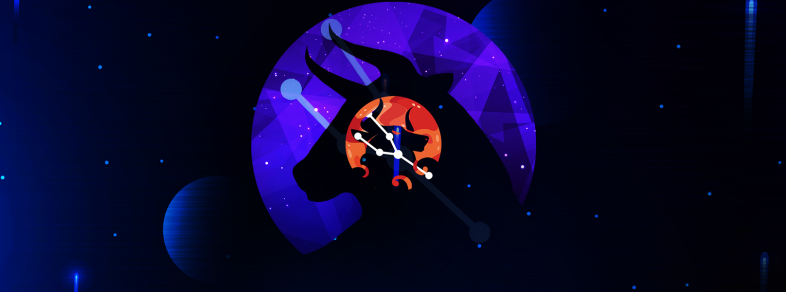 Pictorial representation of APT Stately Taurus. The silhouette of a bull and the Taurus constellation inside an orange abstract planet. Abstract, stylized cosmic setting with vibrant blue and purple shapes, representing space and distant planetary bodies.