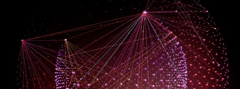 Pictorial representation of LLM jailbreaking. Abstract visualization of a network with numerous interconnected nodes and lines, predominantly in shades of pink and red, against a dark background.