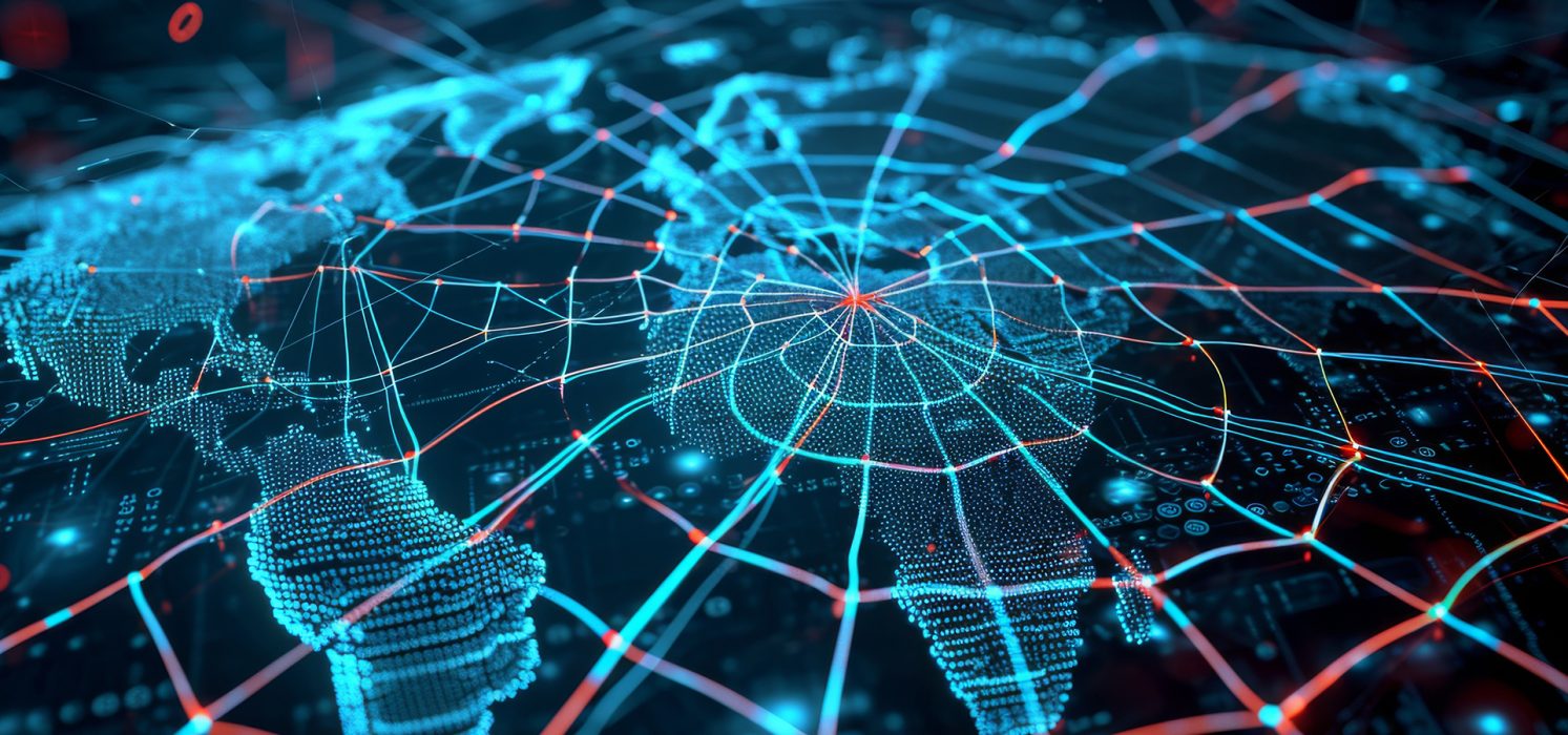 Pictorial representation of vulnerabilities found in ICONICS. Digital illustration of a global network featuring interconnected lines and nodes over a map of the world, highlighted with neon lights and digital elements, emphasizing connectivity and modern technology.