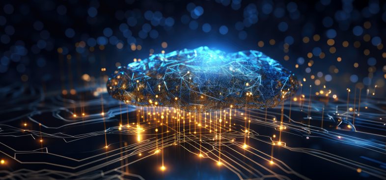 Pictorial representation of GitHub Actions supply chain attack. Digital illustration of a glowing blue brain connected to a network of lines and lights.