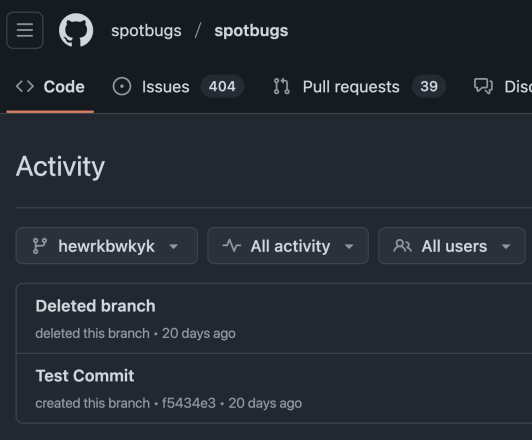 Screenshot of GitHub repository 'spotbugs' showing activity where a user deleted a branch named 'herwkbwyk' 20 days ago, after a commit titled 'Test Commit' with hash f5434e3.
