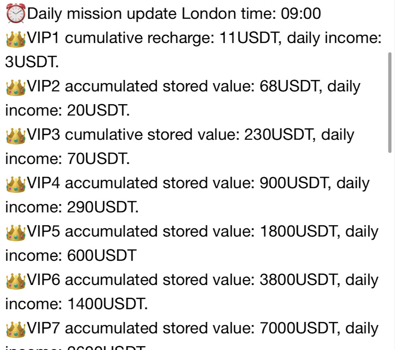 A list detailing accumulated stored values and daily incomes associated with different VIP levels. Each entry begins with a VIP label followed by specific USDT amounts. The list includes emojis such as a clock and crowns to denote VIP status.