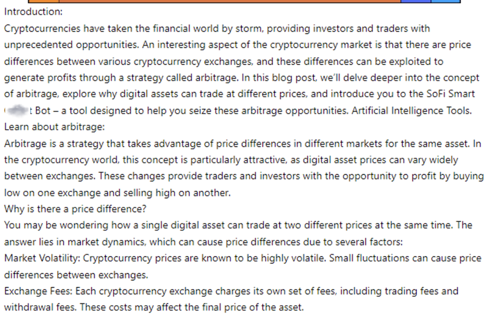 Introduction document discussing arbitrage opportunities, market efficiencies, and the role of technology in trading. AI tools are mentioned as well as exchange fees. 