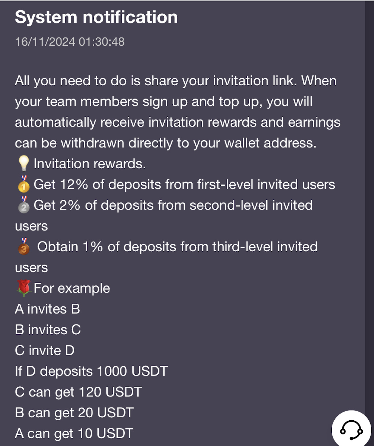 Screenshot of system notification for a digital rewards and referral program. The text outlines various rewards for inviting members, with tiered percentages for deposits made by direct and indirect invitees.