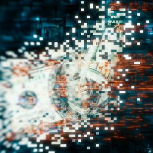 Pictorial representation of the ransomware landscape. Digital artwork of a disintegrating U.S. dollar bill with pixelated effects on a cyber-inspired background.