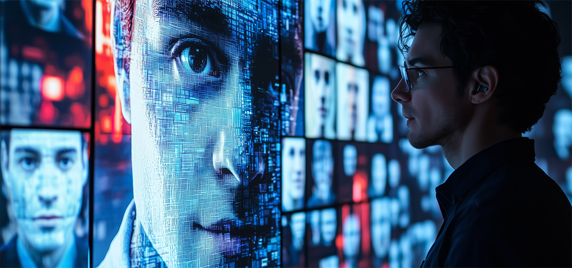 Pictorial representation of synthetic identity creation. A white man stands before a large digital display featuring various security camera feeds and a prominent close-up of an individual's face, illustrating a high-tech surveillance environment.