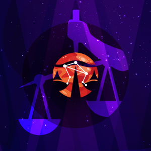 Pictorial representation of Muddled Libra (Scattered Spider). Illustration of a zodiac symbol Libra represented by scales, set against a cosmic purple background with stars.