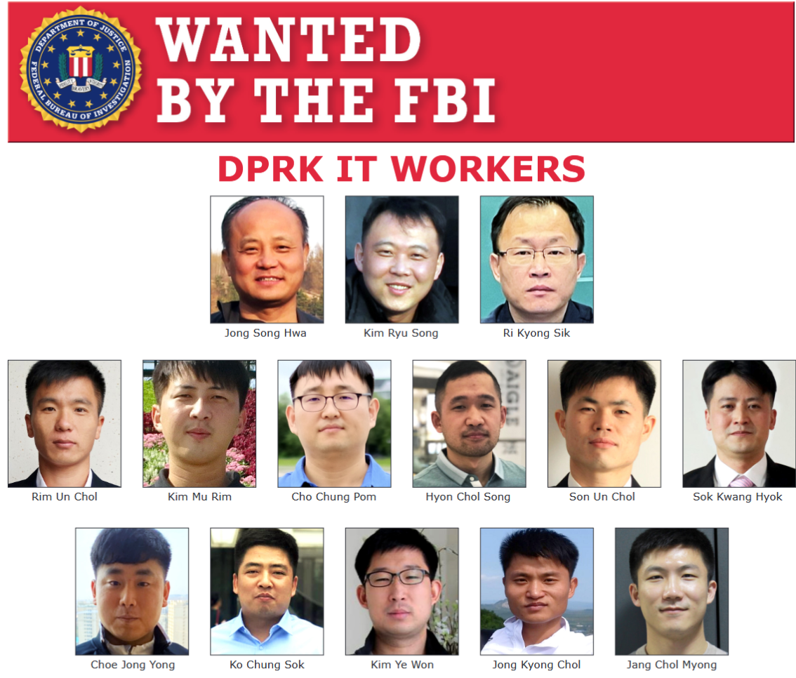 FBI の指名手配ポスター。複数の人物の写真が「北朝鮮の IT 労働者」とラベル付けされ、それぞれの写真の下に名前が表示されています。