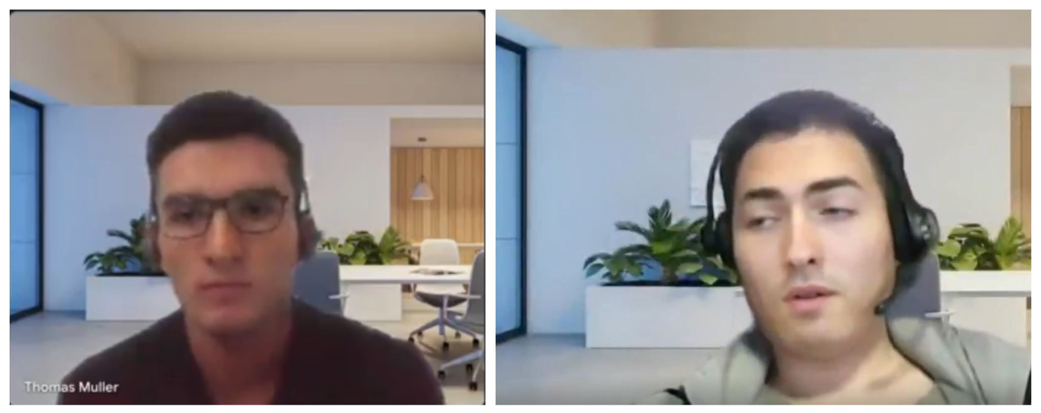 Capturas de pantalla de dos personas en una reunión virtual, cada una dentro de marcos de videollamada separados y con bordes azules. El fondo muestra una oficina sencilla y una pared azul lisa. Ambas son entrevistas deepfake.