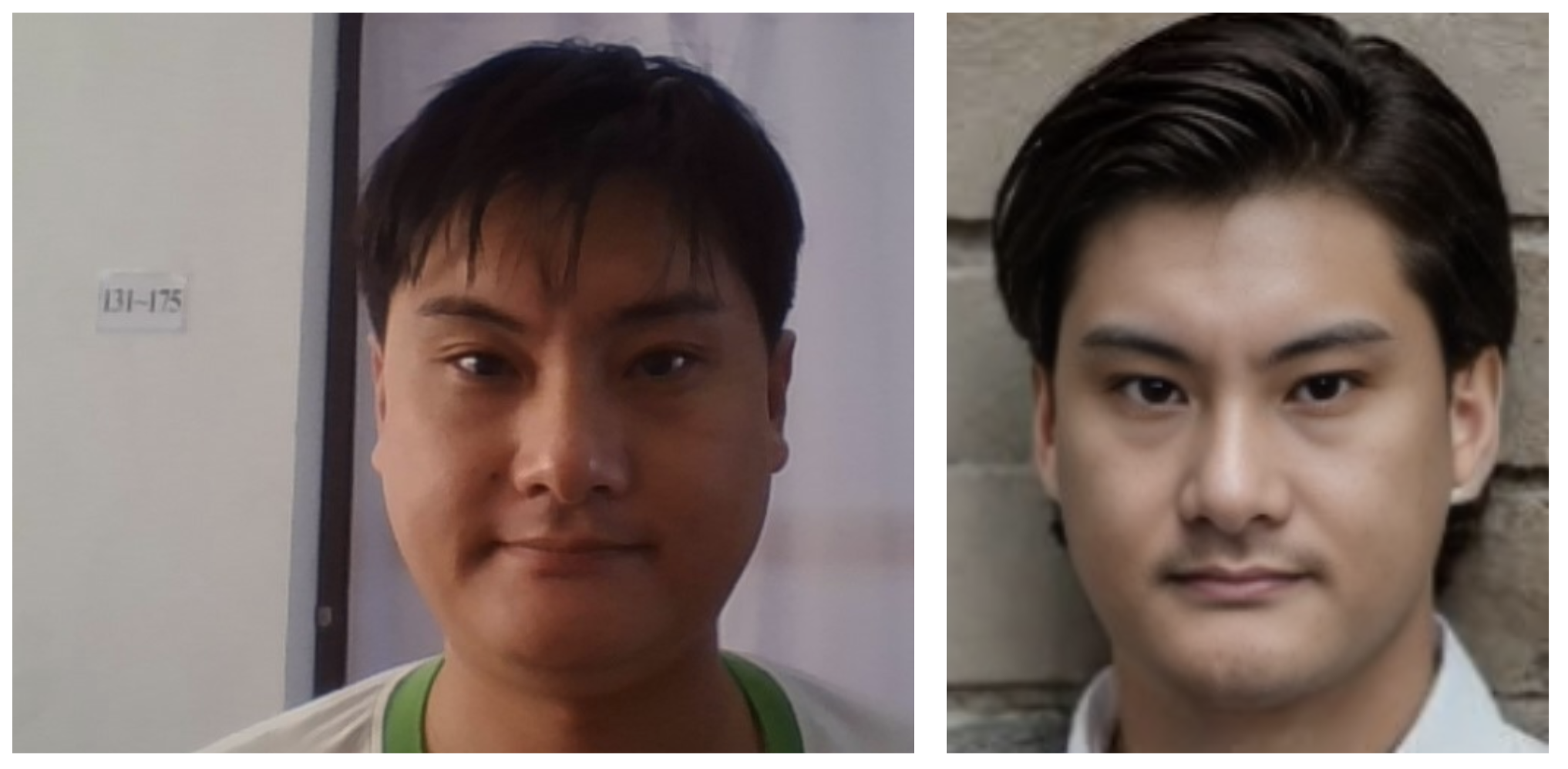 Imágenes paralelas de una persona antes y después de un cambio de cara, que muestran una transformación de un aspecto natural a la izquierda a un aspecto más pulido con un filtro.