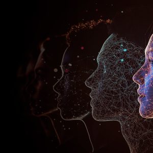 Pictorial representation of social engineering. Digital illustration of four human profiles connected by glowing neural network lines against a dark background, symbolizing connectivity and technology.