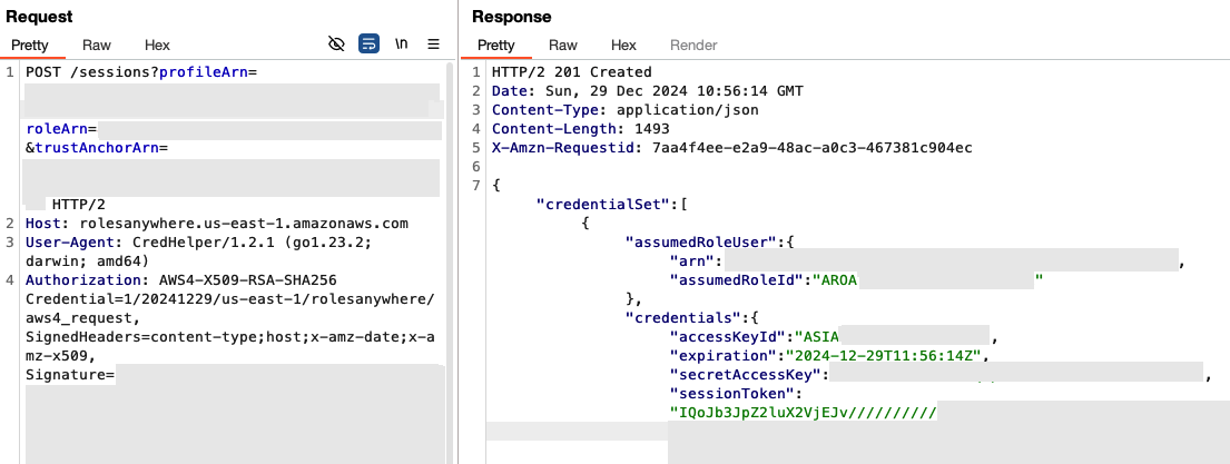 Captura de pantalla que muestra una solicitud y una respuesta de API en la interfaz de Postman. La pestaña de solicitud muestra un comando GET que consulta las credenciales de AWS con la URL de Amazon, mientras que la pestaña de respuesta muestra las credenciales de AWS devueltas, incluidos «AccessKeyId», “SecretAccessKey” y «SessionToken». Parte de la información está redactada en aras de la privacidad.