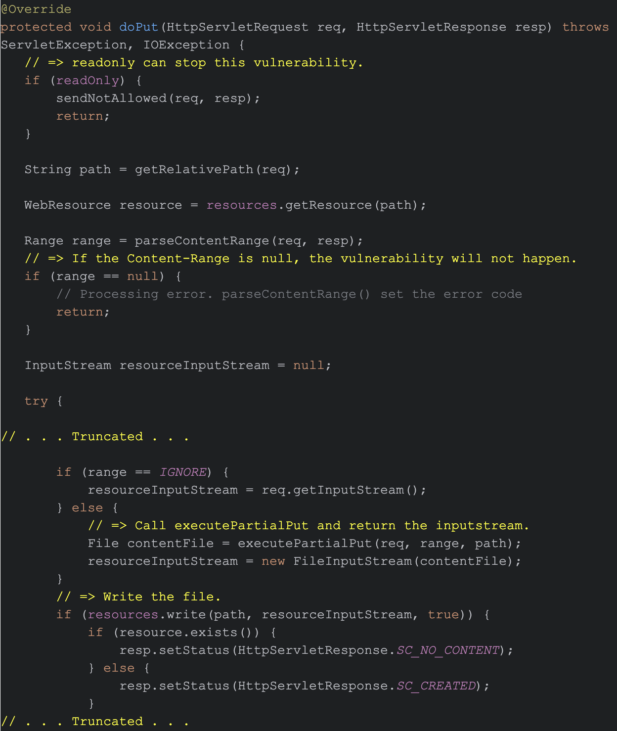 HTTPサーバーのリクエストとレスポンスの処理に関連するコードを表示するJavaプログラムのスクリーンショット。
