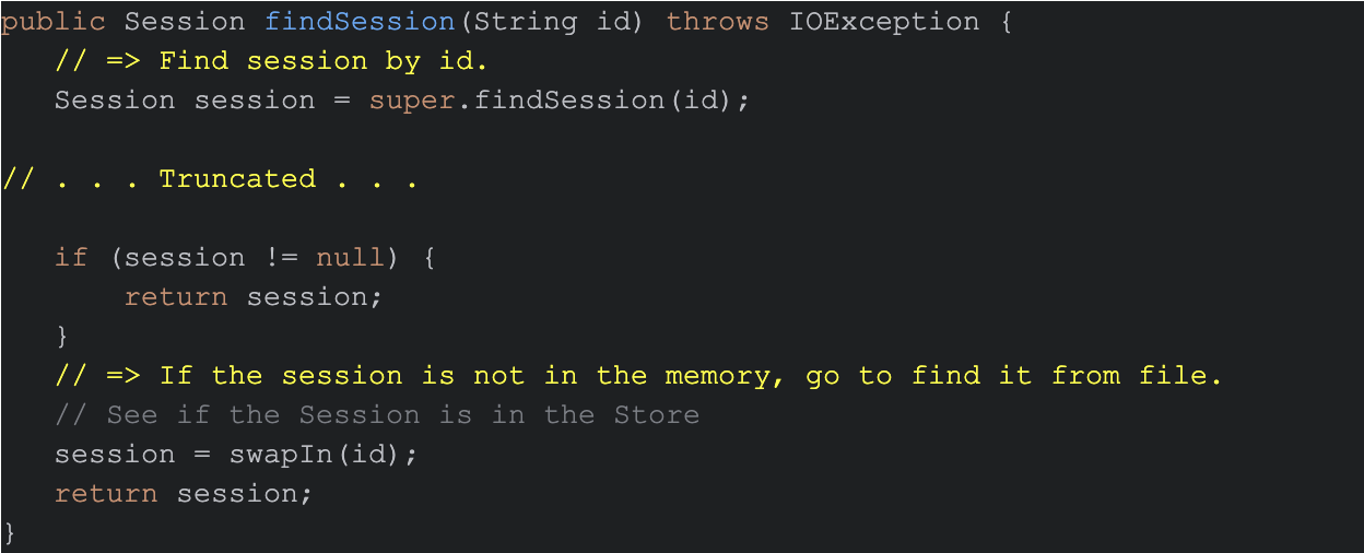 Javaによるコンピュータ コードのスクリーンショット。このコードには、findSessionと呼ばれるメソッドが含まれており、メモリ内でセッションが利用可能かどうかをチェックし、見つからない場合はファイルからセッションを取得することに関連するコードロジックの一部を説明するコメントが添えられている。