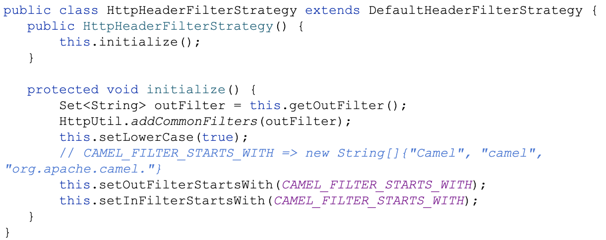 HttpHeaderFilterStrategyという名前のコード スニペットの画像で、HTTPヘッダーのフィルタリングに関連するメソッドを示している。コード コメントや、Camelケースやドメイン名を指定するフィルター条件などの要素を含む。