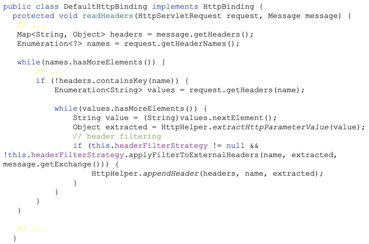 サーブレット リクエストのHTTPヘッダーを読み取るコードを含む、コンピュータのコード スニペットのスクリーンショット(コメントと条件文が見える)。