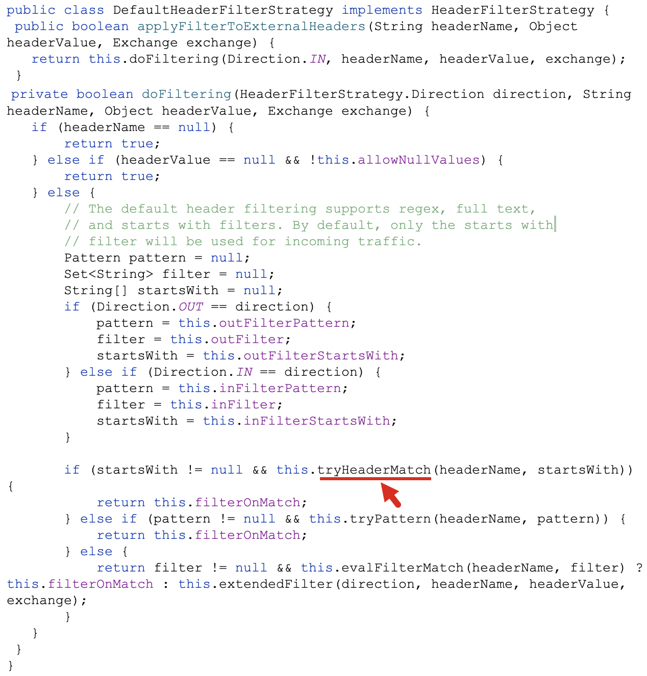 HTTPヘッダー フィルターを処理するコードのスクリーンショット。下線および赤い矢印がtryHeaderMatchを示している。