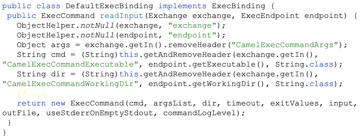 コマンド実行に関連するメソッド実装とパラメータ処理を含むDefaultExecBindingクラスを特徴とするApache Camelプロジェクトのコードのスクリーンショット。
