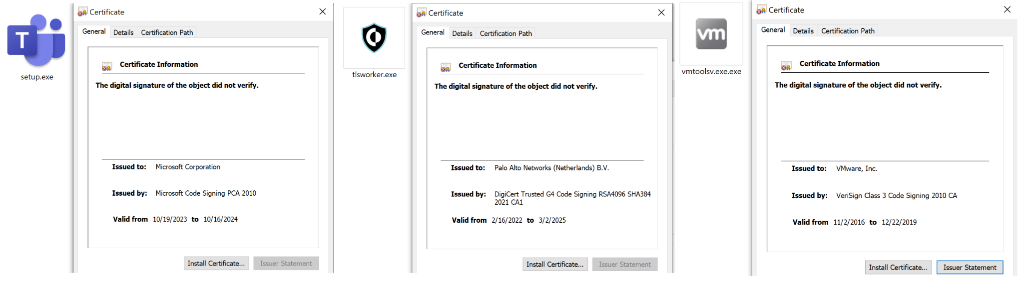 Tres certificados digitales expuestos uno al lado del otro. Estos se enmascaran como Microsoft, Cortex y VMWare.