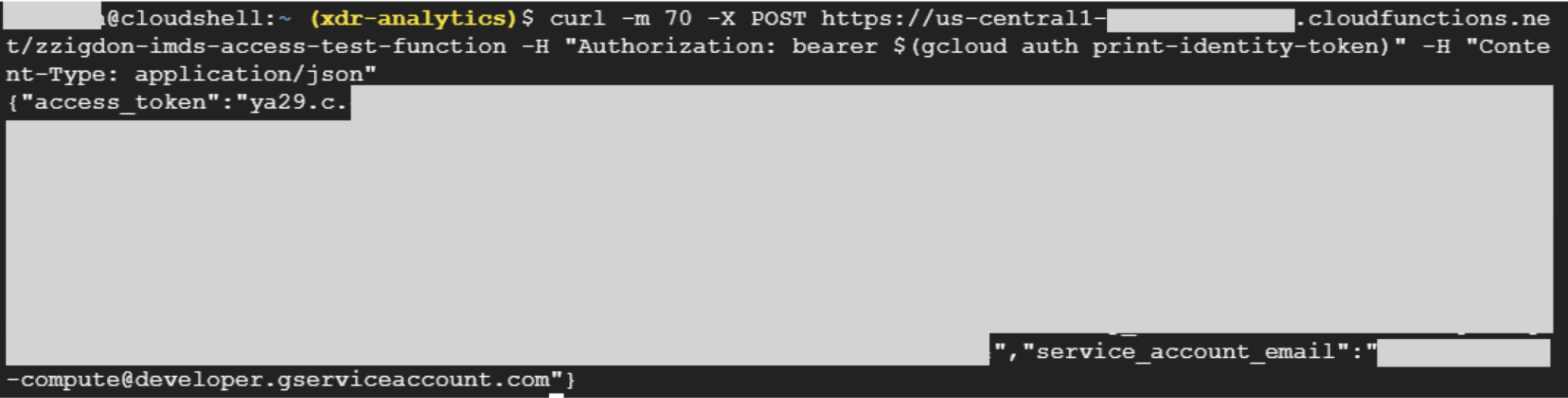 Capture d’écran d’une interface en ligne de commande exécutant une commande cURL vers une fonction de Google Cloud, avec visibilité partielle d’un jeton d’accès et de l’adresse électronique d’un compte de service. De nombreuses lignes sont masquées.