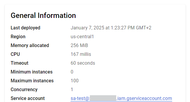 Capture d’écran montrant les informations générales d’un déploiement dans Google Cloud Platform, incluant la date du dernier déploiement, la région, la mémoire, l’allocation du processeur et d’autres détails du service. Une partie de l’adresse électronique est masquée.