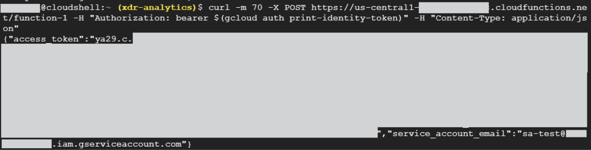 Capture d’écran d’une interface en ligne de commande utilisant cURL pour effectuer une requête API auprès des fonctions cloud d’IBM, avec visibilité partielle d’un jeton d’autorisation et d’un courriel de compte de service. De nombreuses lignes sont masquées.