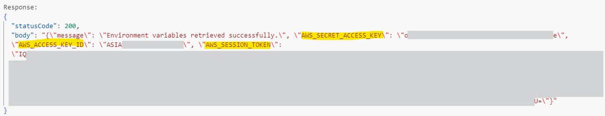 Captura de pantalla con un fragmento de código y variables de entorno, cuyos valores se han ocultado parcialmente.