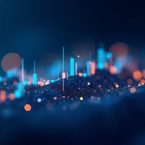 Pictorial representation of logit-gap steering and LLMs. Abstract digital artwork featuring a cityscape silhouette with glowing blue and orange lights, set against a bokeh background.