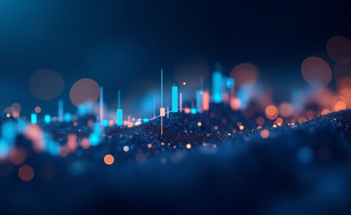 Pictorial representation of logit-gap steering and LLMs. Abstract digital artwork featuring a cityscape silhouette with glowing blue and orange lights, set against a bokeh background.