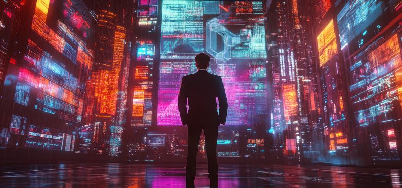 Pictorial representation of a man silhouetted against a background of towering skyscarpers covered in colorful data and abstract code.