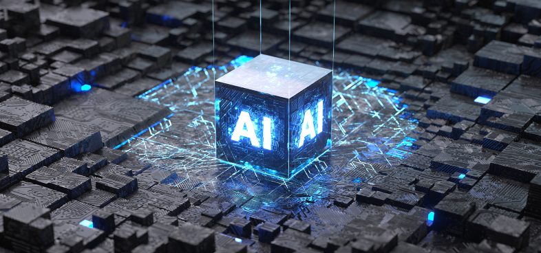 Pictorial representation of phishing bait using AI. A luminous cube labeled "AI" centrally placed on a futuristic circuit board landscape with glowing blue lights and connections.