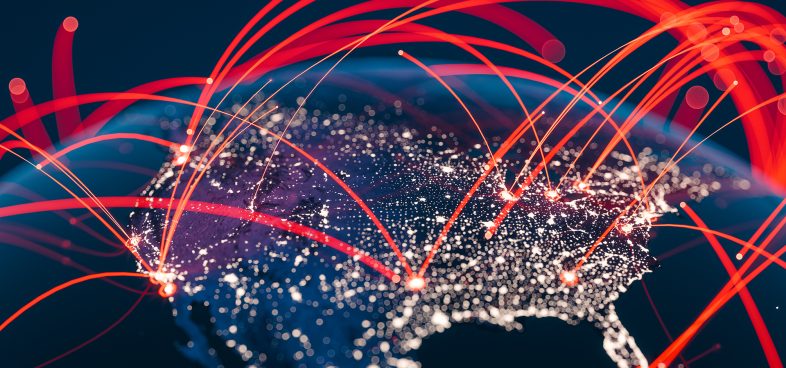Pictorial representation of CVE-2024-36401. Digital illustration of a map of North America with interconnected glowing lines and dots symbolizing network connections across the continent.