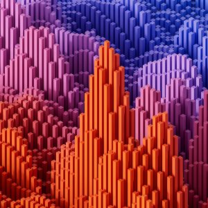 Pictorial representation of Salesforce compromised by attackers. Colorful abstract digital artwork featuring a gradient of red to blue hues with a raised, spike-like texture pattern resembling a city skyline.