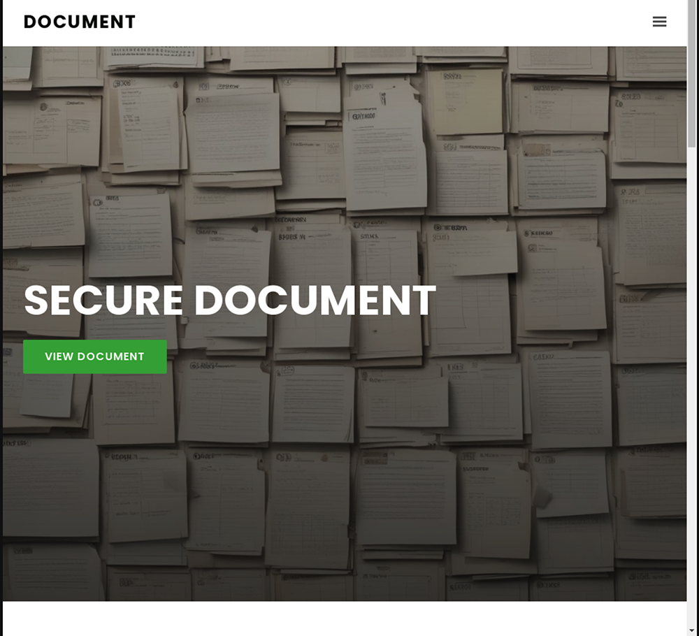 文書かフォームと思われるページがびっしりと並んだ背景で、「SECURE DOCUMENT」と書かれたテキストと「VIEW DOCUMENT」と書かれたボタンがオーバーレイされている。