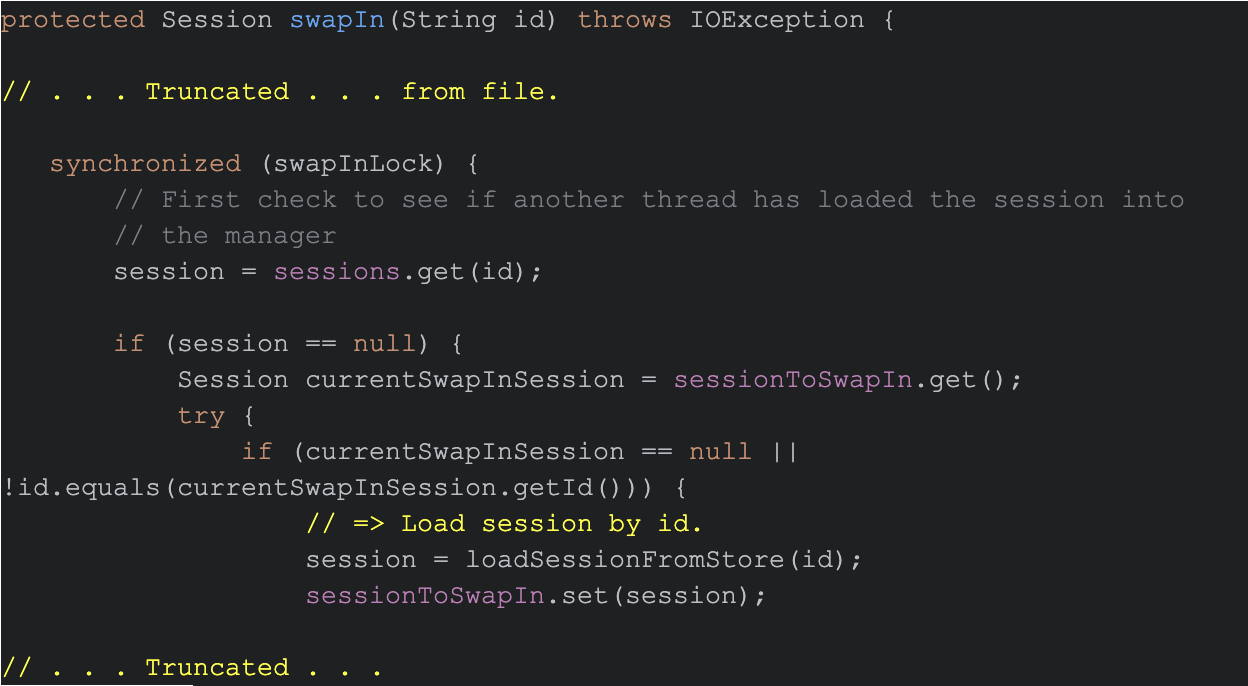 Capture d’écran d’un code informatique présentant la syntaxe de gestion des sessions et des exceptions.